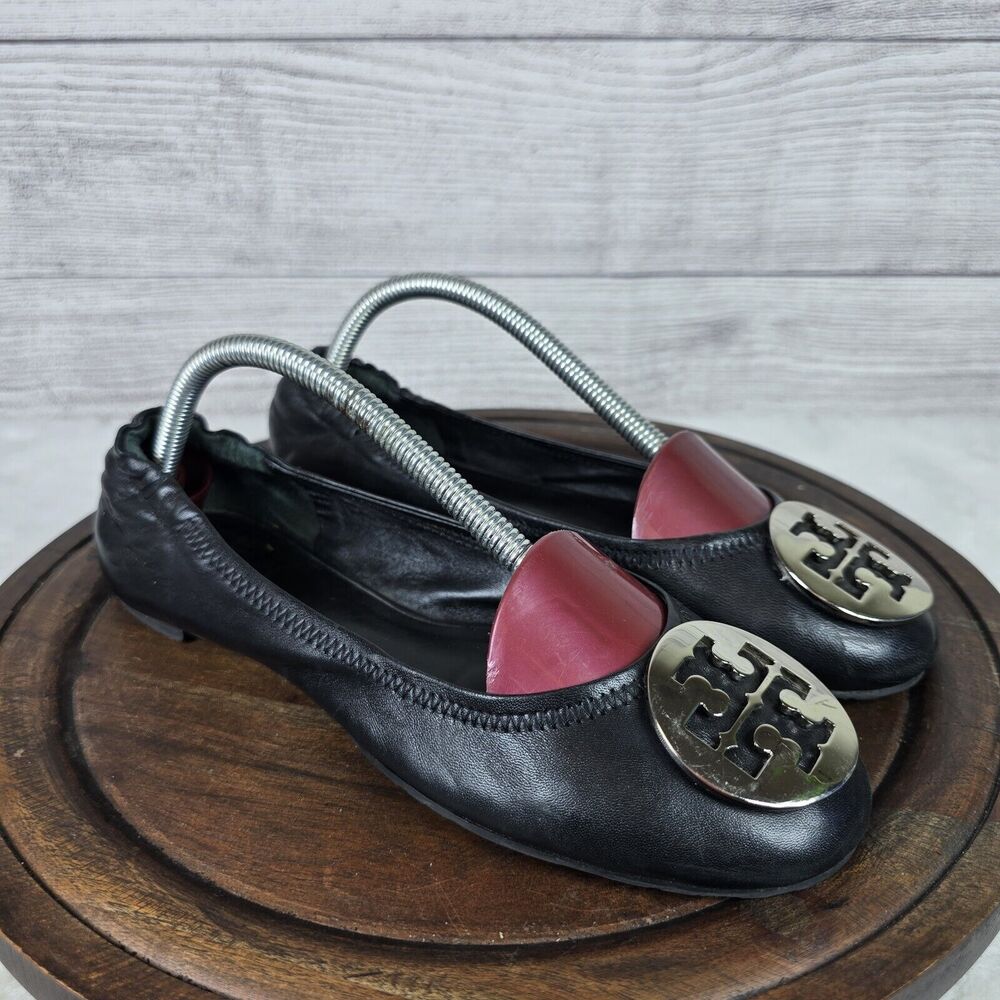 Tory Burch Reva Ballet Flat Shoes Silve Logo 7.5 Womens Leather Round Toe *FLAW*